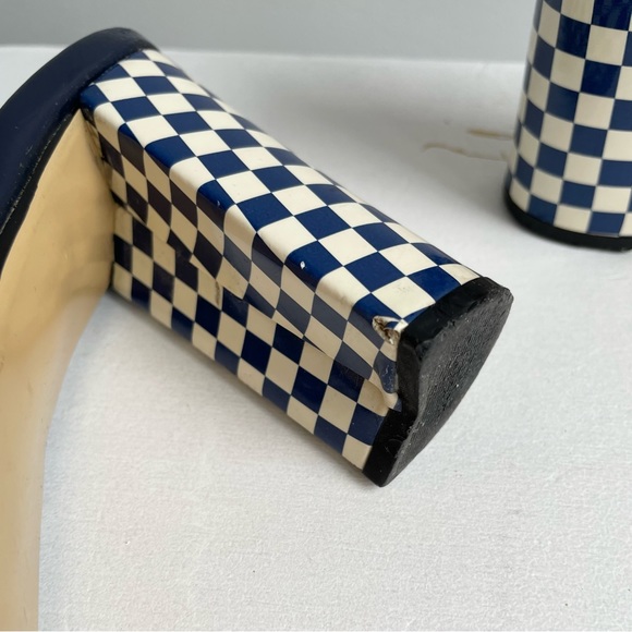 Toga Blue & Cream Checker Print Vinyl Mules Heels - Picture 7 of 9